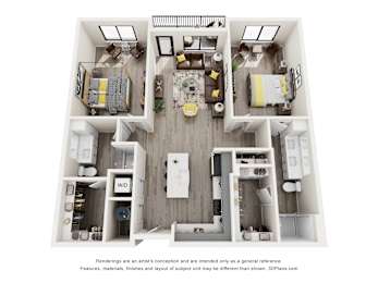 A 3D floor plan of a house with a kitchen, living room, and two bedrooms.