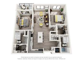 A 3D floor plan of a house with a kitchen, living room, and two bedrooms.