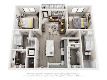 A 3D floor plan of a house with a kitchen, living room, and two bedrooms.
