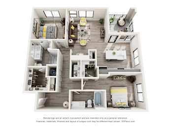 A 3D floor plan of a house with a kitchen, living room, and bedrooms.