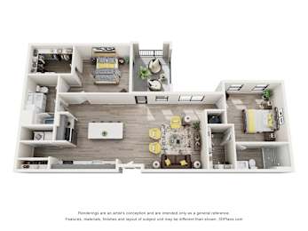 A 3D floor plan of a house with a kitchen, living room, and two bedrooms.