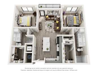 A 3D floor plan of a house with a kitchen, living room, and two bedrooms.