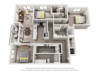 A 3D floor plan of a house with multiple rooms and furniture.