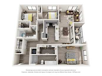 A 3D floor plan of a house with multiple rooms and furniture.