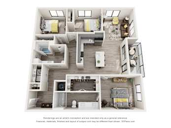 A 3D floor plan of a house with multiple rooms and furniture.