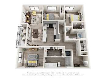 A 3D floor plan of a house with multiple rooms and furniture.