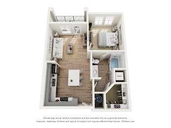A 3D floor plan of a small apartment with a kitchen, living room, and bathroom.