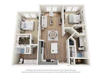 A 3D floor plan of a house with a kitchen, living room, and two bedrooms.