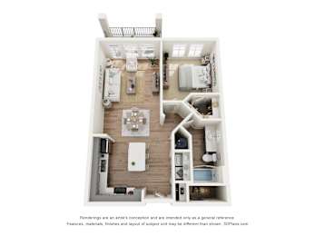 A 3D floor plan of a small apartment with a kitchen, living room, and bedrooms at The Lofts at Seacrest Beach in Rosemary Beach, FL.
