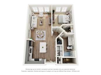 A 3D floor plan of a house with a kitchen, living room, and two bedrooms.