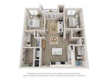 A 3D floor plan of a house with a kitchen, living room, and two bedrooms.