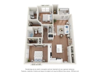 a 3d furnished floor plan of a 3 bedroom apartment