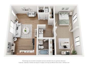 A 3D floor plan of a small apartment with a kitchen, living room, bedroom, and bathroom.