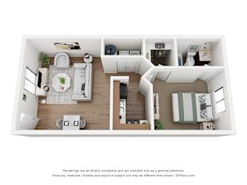 A 3D floor plan of a small apartment with a kitchen, living room, and bathroom.