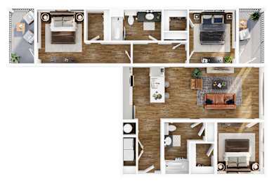A top-down view of a house layout with various rooms and furniture.