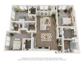 A 3D floor plan of a house with a kitchen, living room, and two bedrooms.