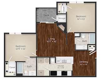 A floor plan of a house with a deck, two bedrooms, a living room, a dining room, a kitchen, a bath, and a storage area.