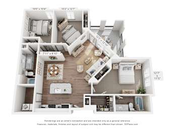 A 3D floor plan of an apartment with a kitchen, living room, and bedrooms.