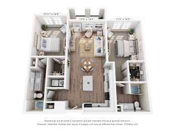 A 3D floor plan of a two-bedroom apartment with a living room, kitchen, and bathroom.