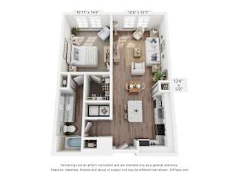 A floor plan of a two-bedroom apartment with dimensions and a disclaimer.
