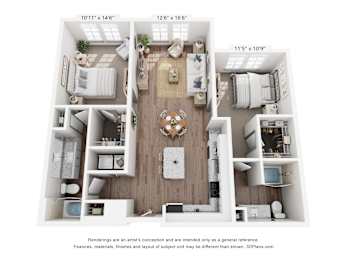 A 3D floor plan of a small apartment with a kitchen, living room, and bedrooms.