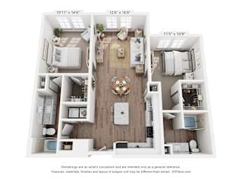A 3D floor plan of a small apartment with a living room, kitchen, and bedrooms.