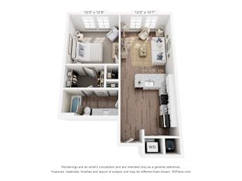A floor plan of a small apartment with two bedrooms and a living area.