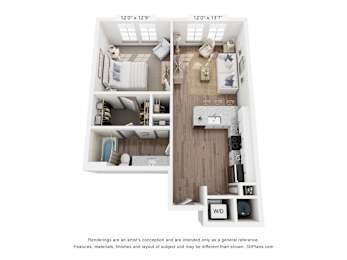 A floor plan of a small apartment with two bedrooms and a living room.