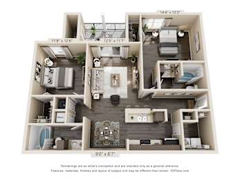 A 3D floor plan of a two-bedroom apartment with a living room, kitchen, and bathroom.