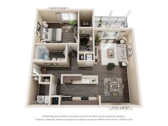 A 3D floor plan of a small apartment with a kitchen, living room, and two bedrooms.