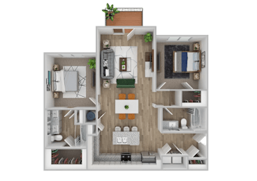A 3D floor plan of a house with a living room, kitchen, and two bedrooms.