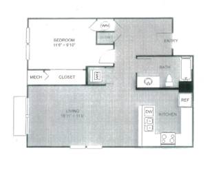 A floor plan of a small apartment with a bedroom, bathroom, kitchen, and living room.