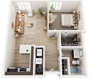 A modern apartment layout with a living room, kitchen, and bathroom.