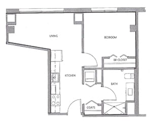 1 bed 1 bath floor plan K at Lakeview 3200 Apartments, Chicago