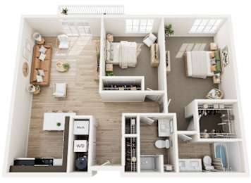 A top-down view of a small apartment with a kitchen, living room, and bathroom.