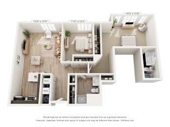 a 3d floor plan of a 2100 sq ft apartment