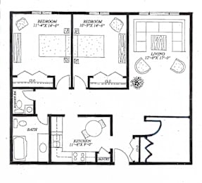 A black and white image of a floor plan for a house with two bedrooms, a living room, a kitchen, a bathroom, and a pantry.