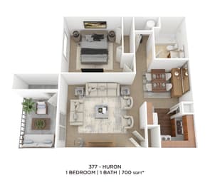 a floor plan of 1 bedroom 1 bath at Evergreen Luxury Apartments, Indiana