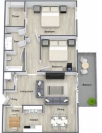 2 bed 1 bath floor plan at Fieldpointe of Schaumburg, Schaumburg, IL