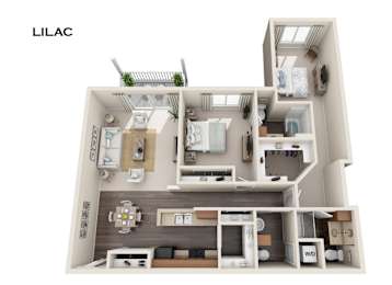 A 3D floor plan of a house layout with the word "LILAC" at the top.