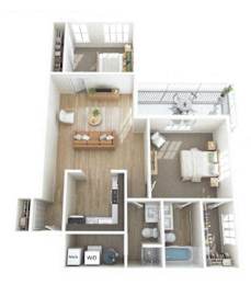 A top-down view of a modern apartment layout.