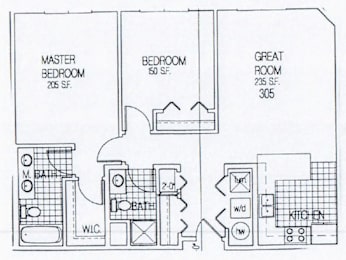 a floor plan of a house with bedrooms and baths and a great room