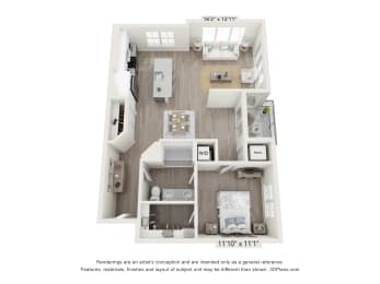 1 bed 1 bath A3 floor plan at Enclave Crystal Lake, Crystal Lake, 60014