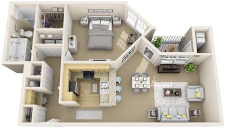 A 3D floor plan of a house with multiple rooms and furniture.