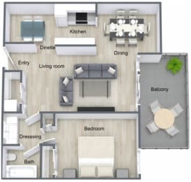 a furnished floor plan with a living room and a dining room