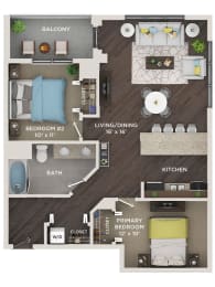 2 bed 1 bath 970 Sq. Ft. floor plan B at The Shelby, Chicago, 60616