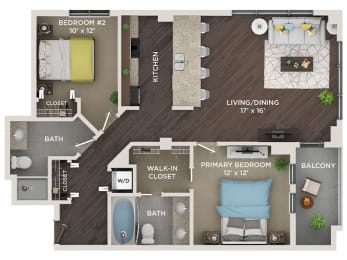 2 bed 2 bath 1,165 Sq. Ft. floor plan C1 at The Shelby, Chicago