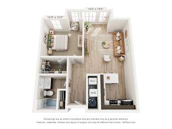 a 1 bedroom floor plan with a bathroom and a living room
