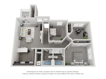 2 bed 2 bath floor plan E at Landings at Amhurst Lake Apartments, Waukegan