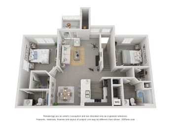 2 bed 2 bath floor plan D at Landings at Amhurst Lake Apartments, Waukegan, Illinois